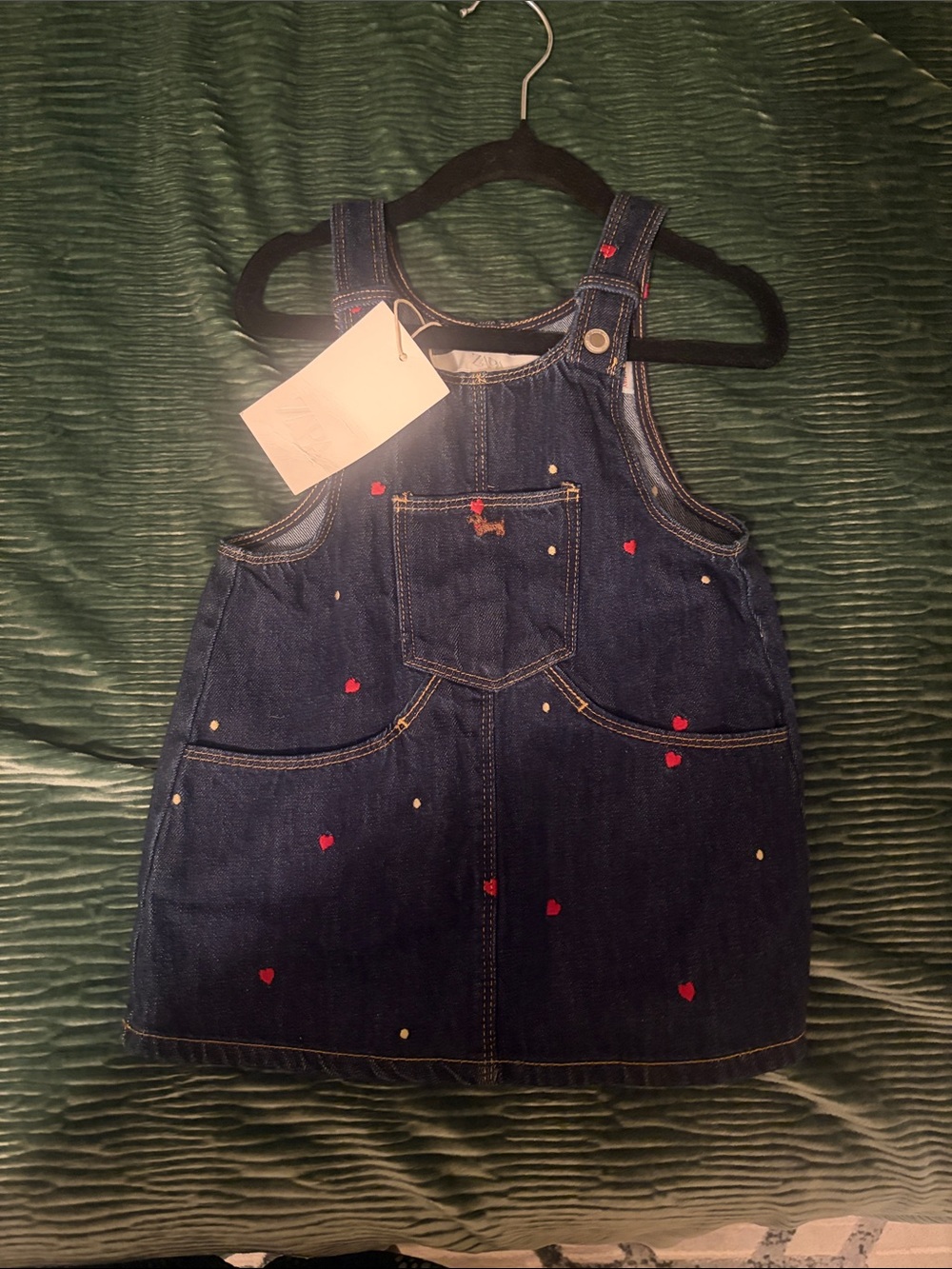 Zara Dark Blue Denim Overall Dress with Red Heart Embroidery